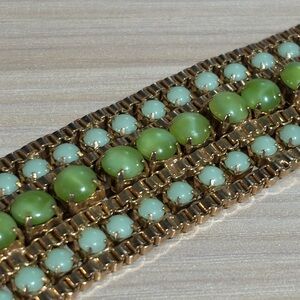 Vintage Gold Tone Cabochon Bracelet Green & Aqua Stones Wide Statement 7”